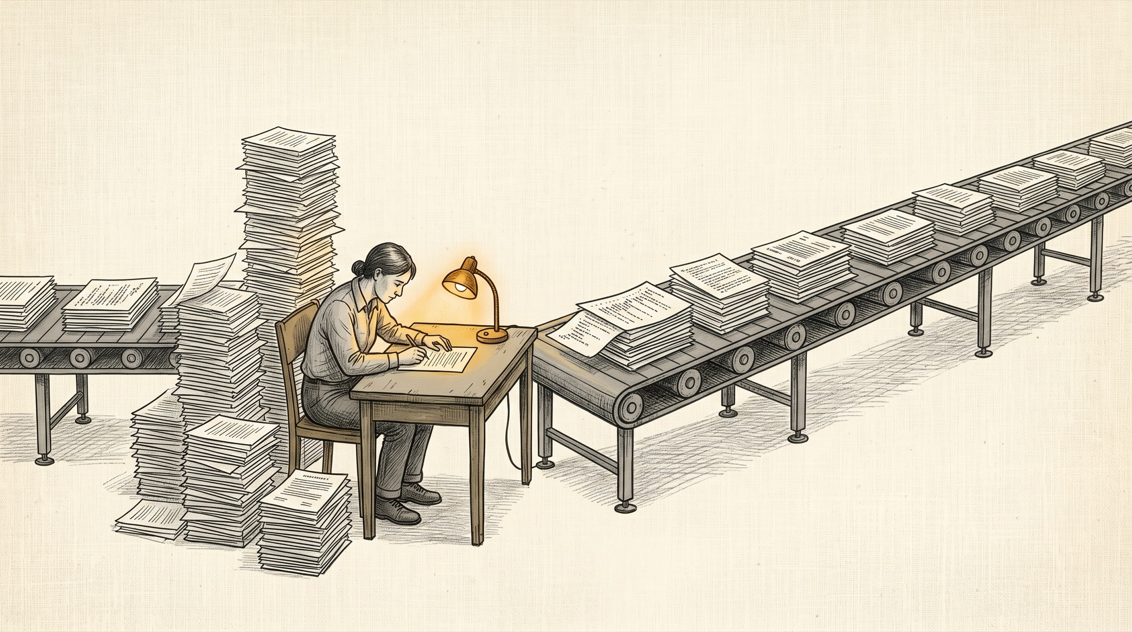 A single inspector at an amber-lit desk, dwarfed by stacks of unread paper as a fast conveyor belt of documents streams in from the right