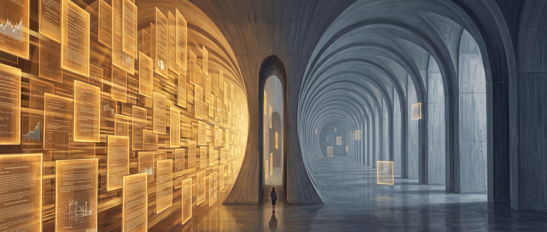 A cathedral-scale hourglass corridor: an amber-lit wall of glowing documents narrowing through a single archway into a cool grey institutional hall.