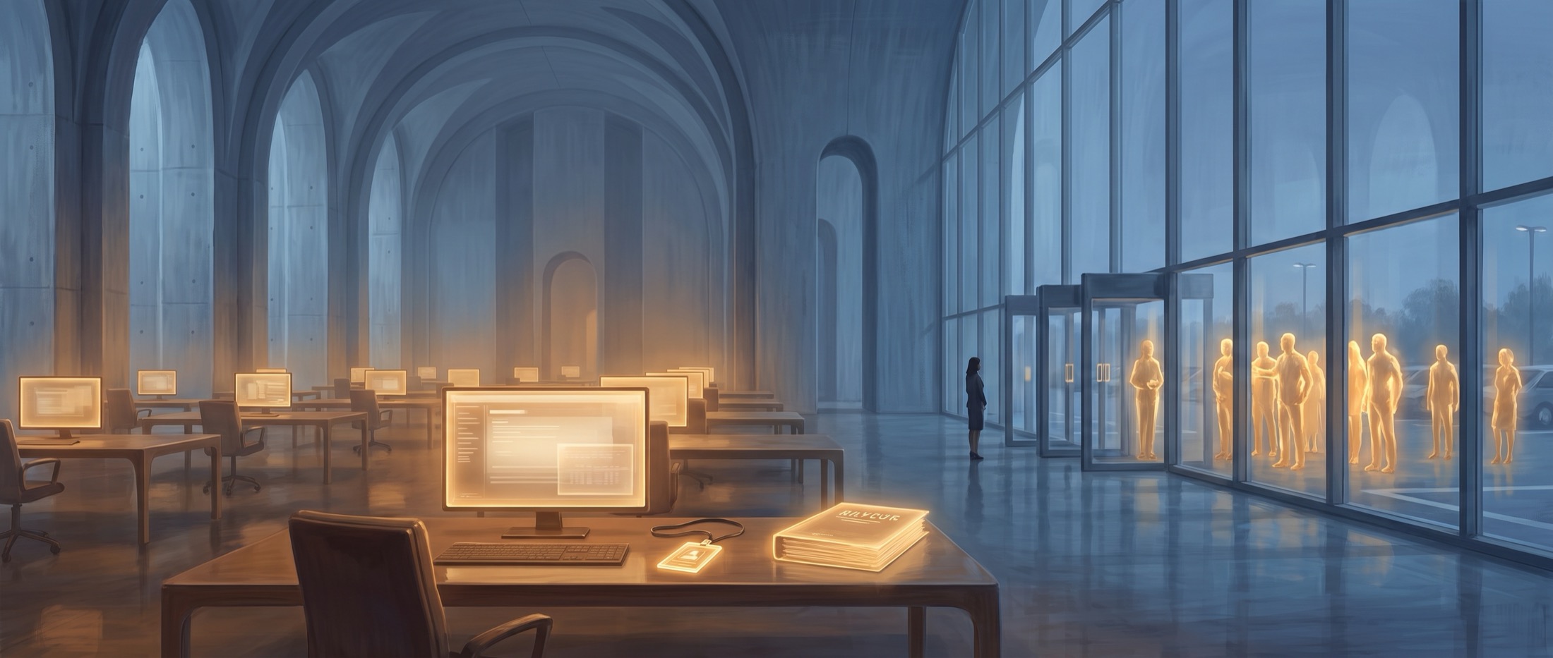 Eine Bürohalle von Kathedralen-Ausmaß im Morgenlicht: Im Vordergrund wartet ein einzelner, warm beleuchteter Schreibtisch mit Bildschirm und Zugangsausweis, während vor dem monumentalen Glasportal leuchtende goldene Gestalten im kühlen blauen Licht stehen.